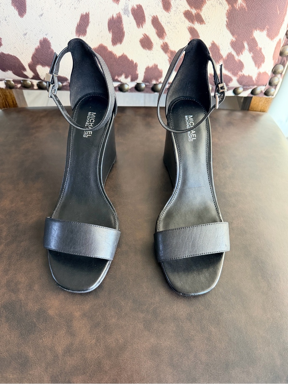 MICHAEL Michael Kors Black Leather Ankle-Strap Wedge Sandals